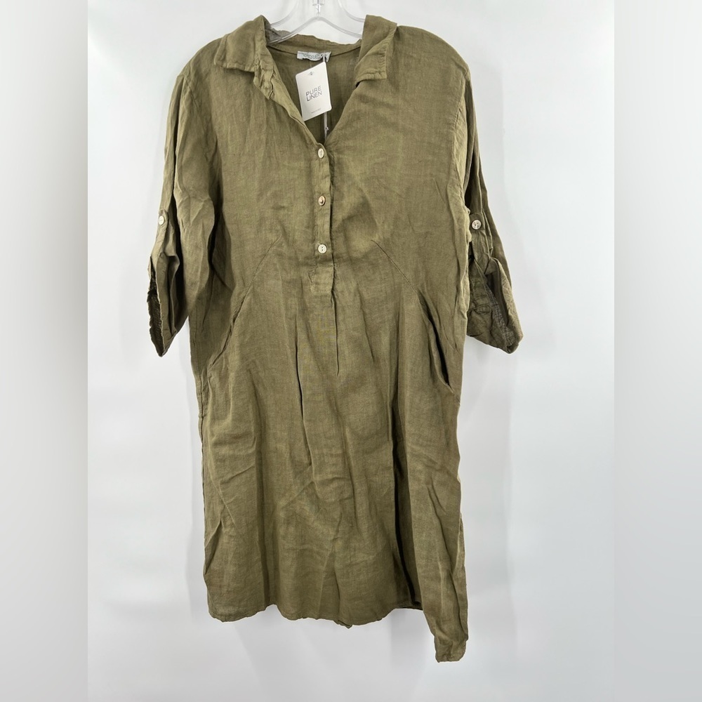Elena Baldi green linen shirt dress roll sleeves new with tags size L - Picture 4 of 11
